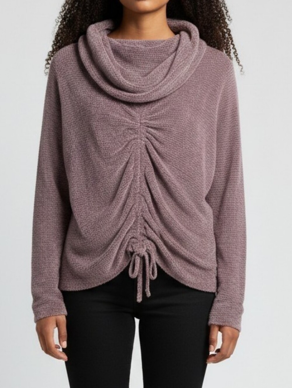 BCX Cowl Neck Ruched Front Sweater in Mauve Boho Cottagecore